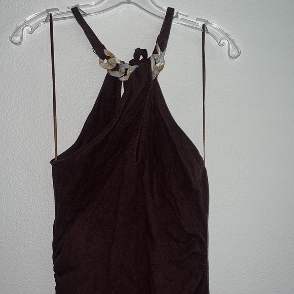 ZARA BROWN LINEN BLEND HALTER NECK MIDI GATHERED DRESS WITH CHAIN SIZE XS - Picture 3 of 7